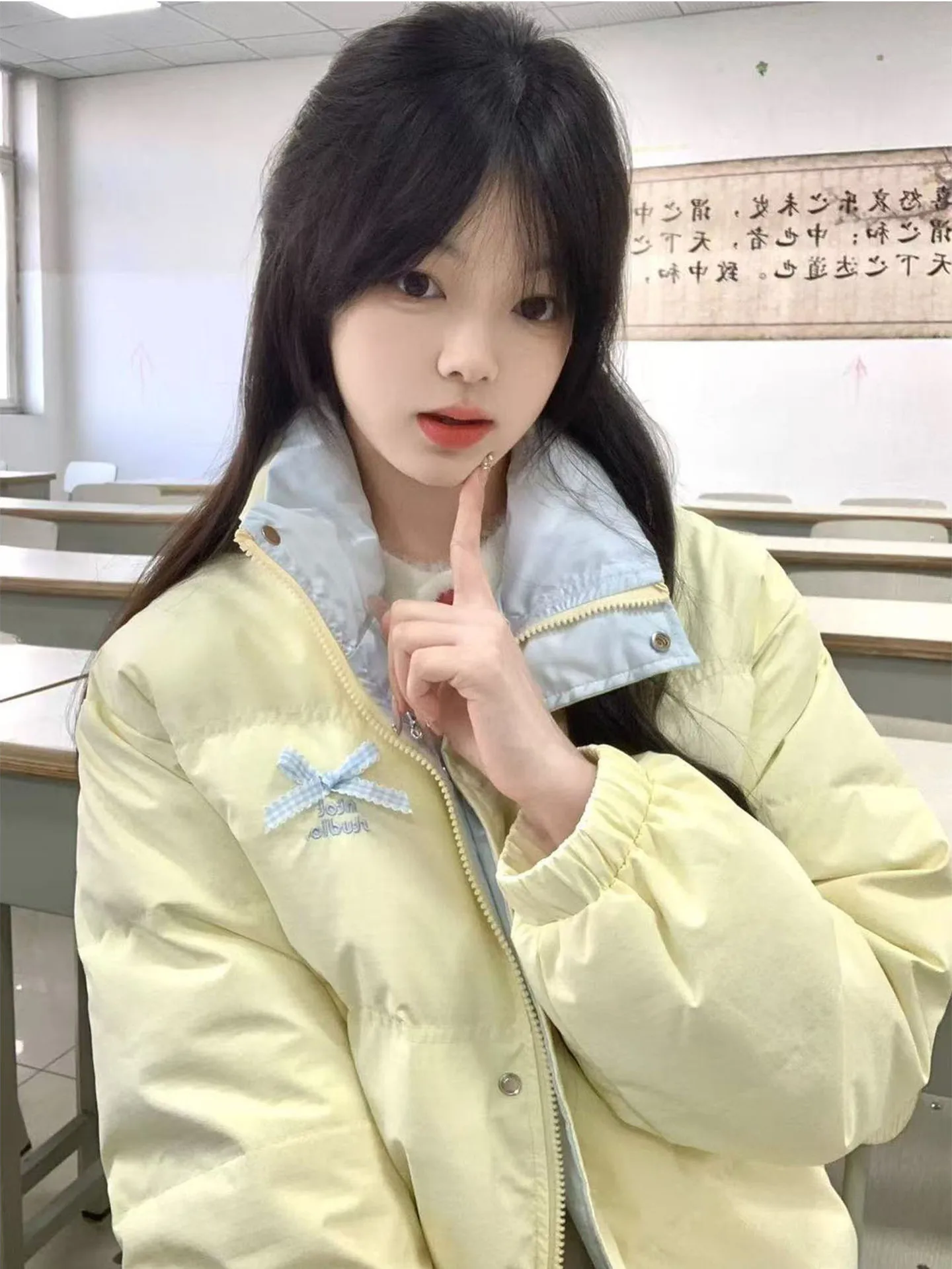 

Sweet Knot Letter Embroidery Cotton Jaet Women's Winter New Sle Stand Collar Warm Color Blo Bread Coat Outerwear