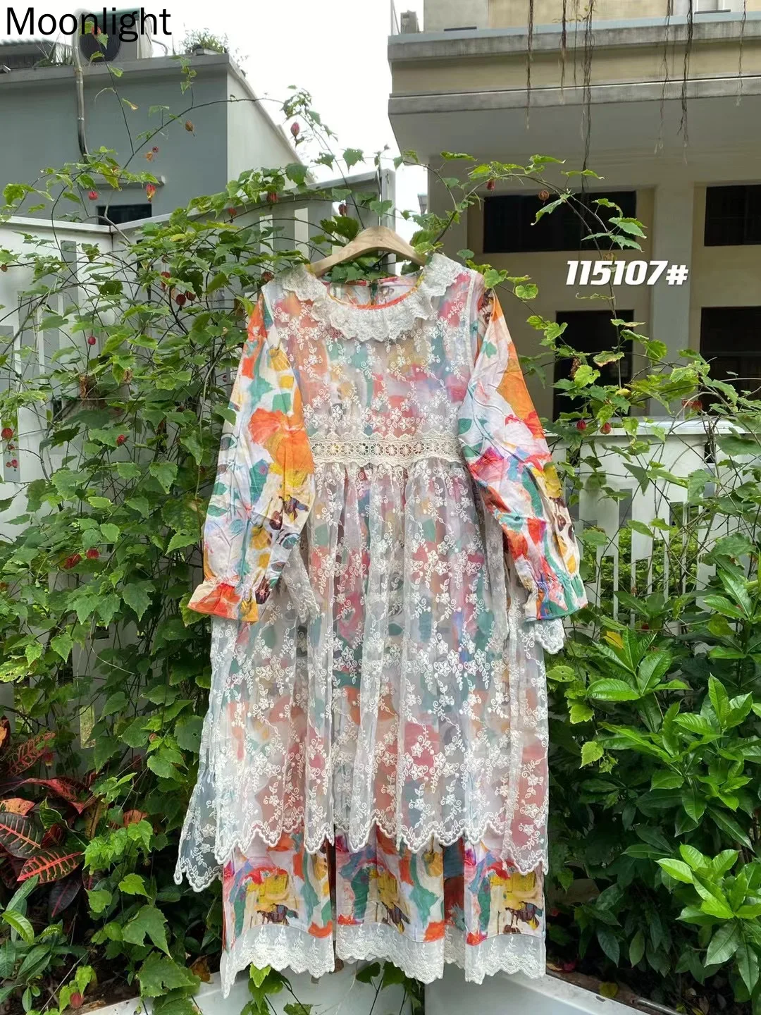 Mori Girl Ruffles Collar Kawaii Dresses Two-Pieice Lace Blouse Long Sleven Vintage Embroidery Floral Print Cotton Linen Dress