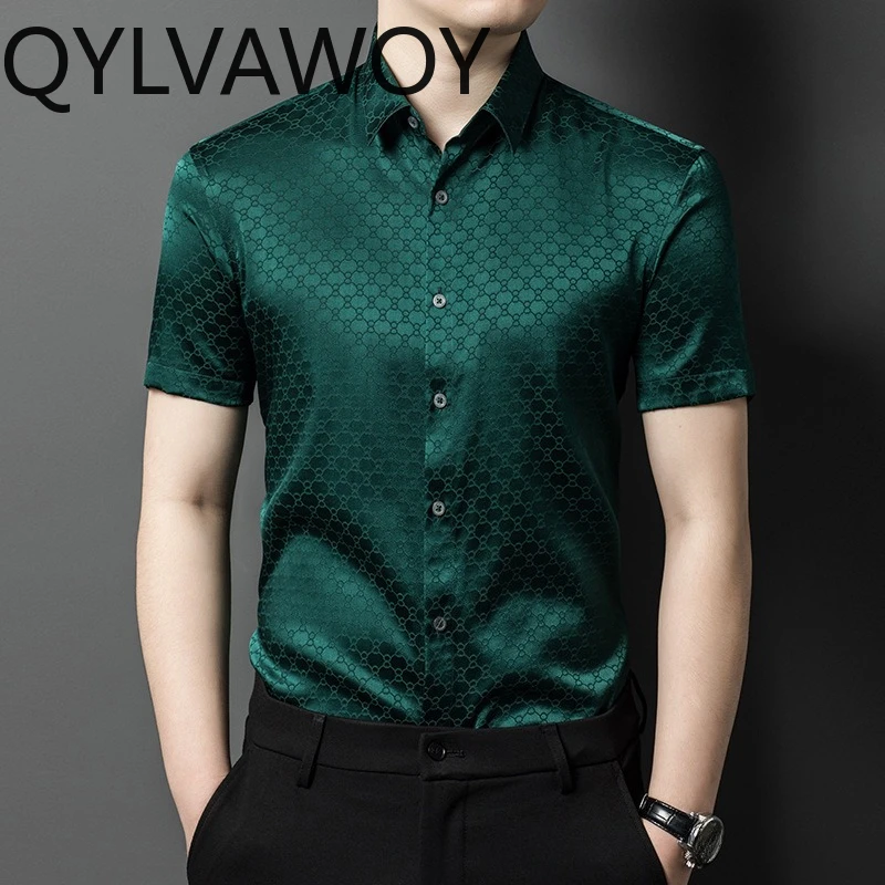 QYLVAWOY New Men's Shirts Summer Tops 92% Real Mulberry Silk Shirts Lapel Short Sleeve Stylish Clothes for Man Business Casual