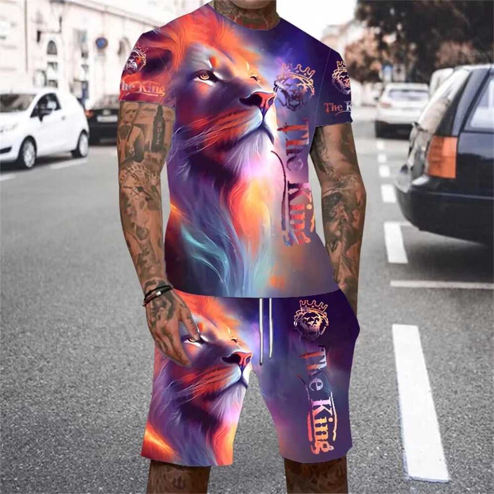 2025 New Men's Short Sleeved Shorts Set 3D Printed Lion Print Short Sleeved T-shirt Set Casual Street Wear Two-piece Set