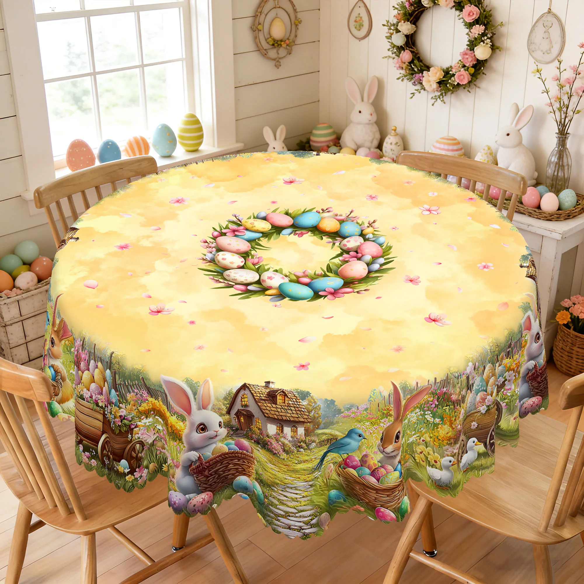 1-teilige runde Tischdecke mit Ostermotiv, in 5 Größen erhältlich, bunter Osterhase und Ei-Blumencluster, runde Tischdecke mit geprägtem Rand, Oster-Frühlingsgarten-Tischdecke, geeignet für den