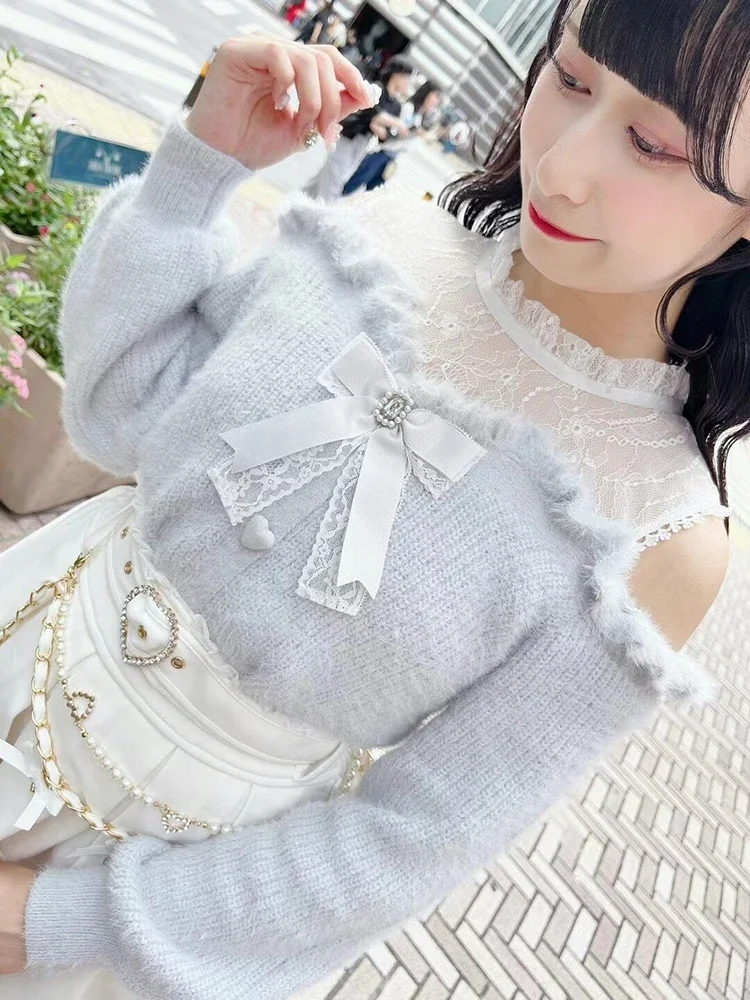 Japanese Y2k Lace Patchwork Off Shoulder Sweater Women Vintage Harajuku Jumper Fairy Grunge Knitted Pullover Elegant Pull Femme