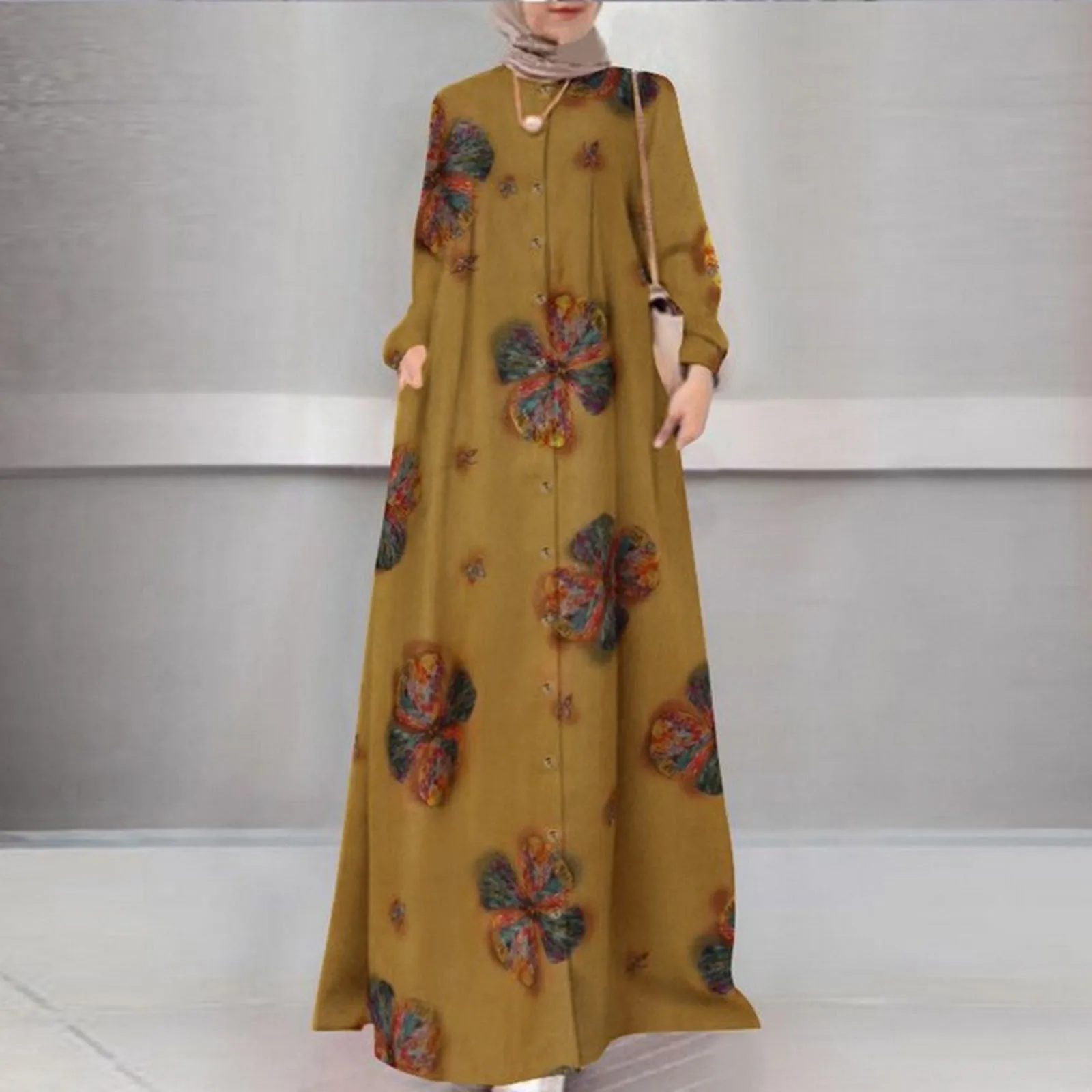 

Dubai Abaya Islamic Dresses Women's Temperament Fashion Printed Long Sleeve Buttoned Ankle Length Long Dress Ramadan Outfits