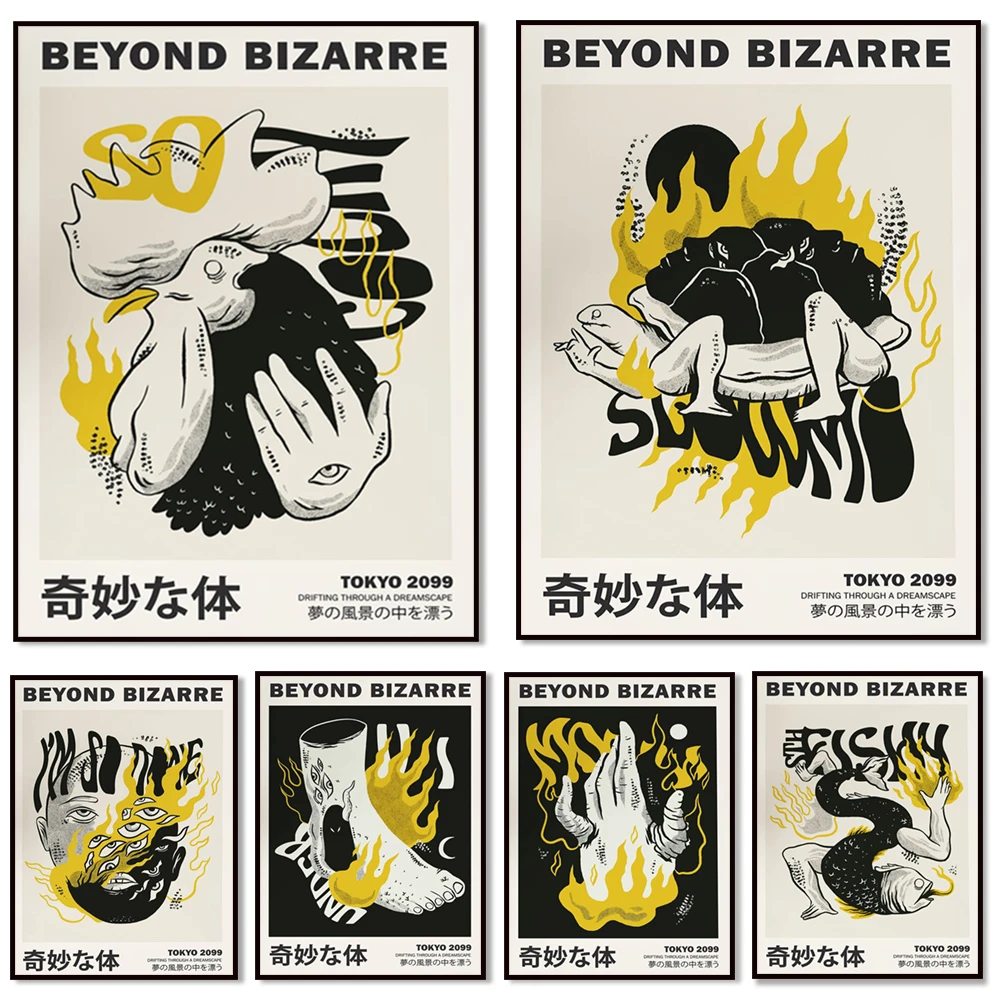 Beyond bizarre posters, surreal prints, bizarre human hands, bizarre fish animals, psychedelic mystery prints, carnival posters