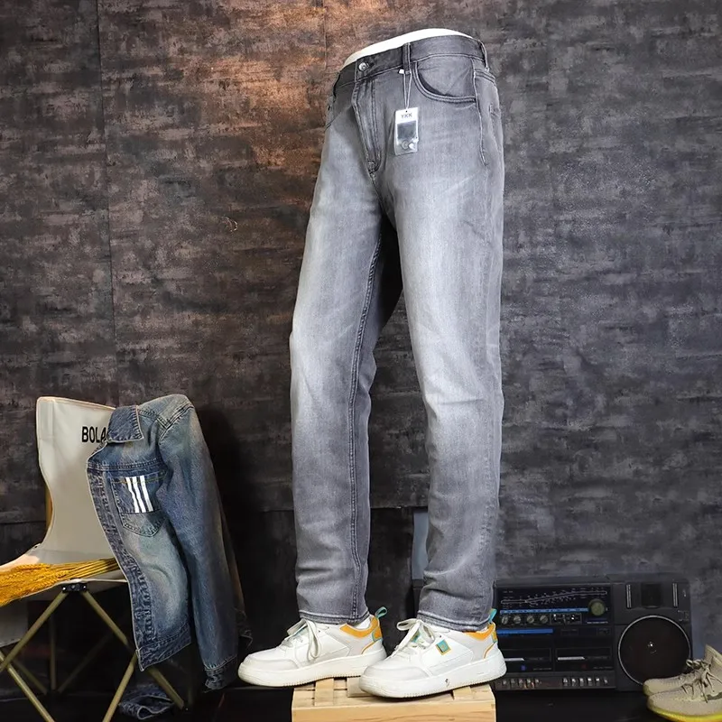 Italian Style Fashion Men Jeans Retro Gray High Quality Stretch Slim Fit Vintage Jeans Men Casual Designer Denim Pants Hombre