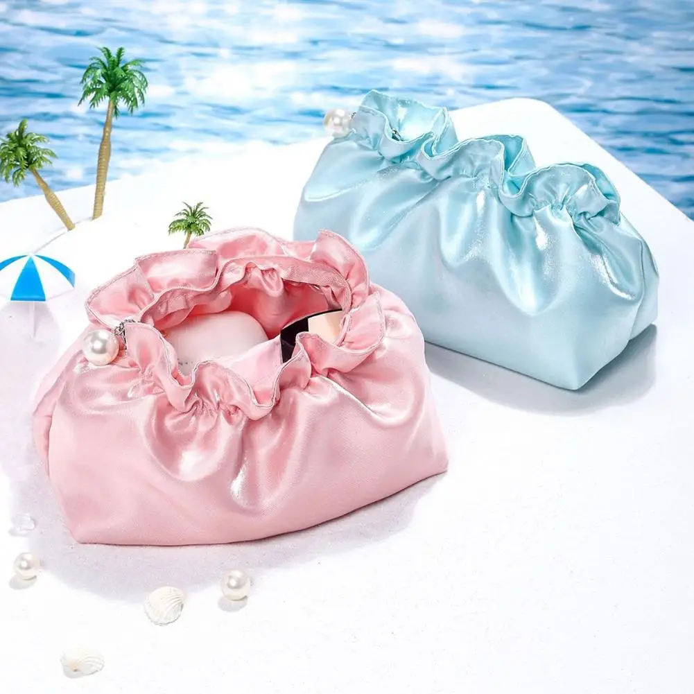 Cloud Satin Makeup Bag Ruched Pearl Zipper Large Capacity Cosmetic Pouch Portable Travel Toiletry Storage Bag Women