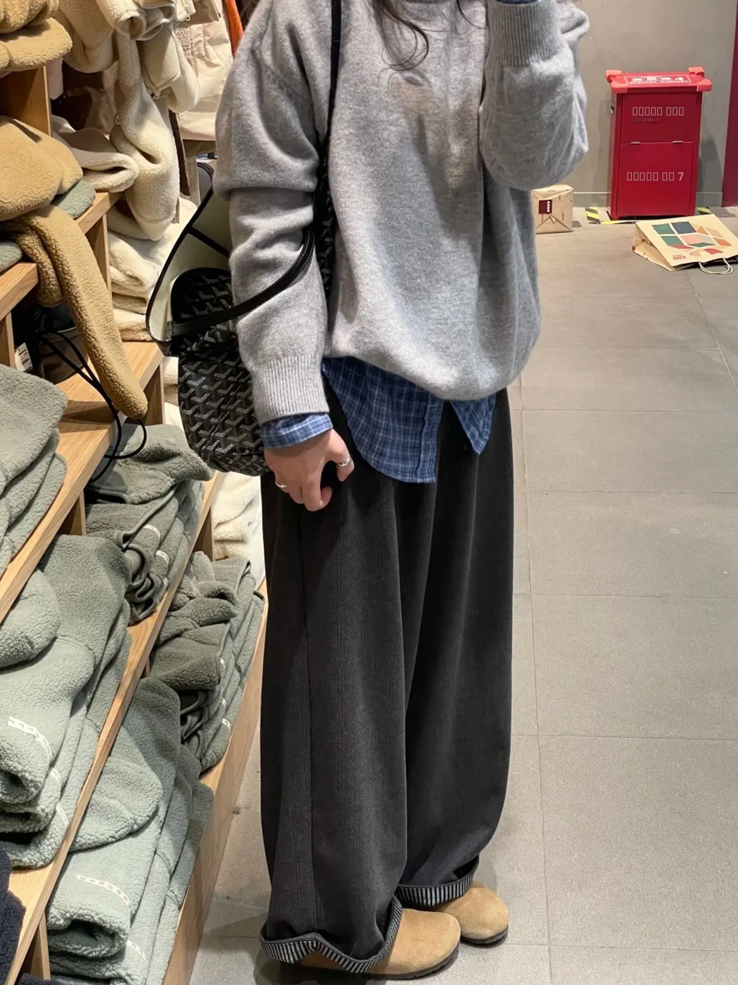 Retro ey Plaid Wide Leg Pants Women's Autumn Winter Fce Lined Thiened Warm Loose Fit Straight Cut Slimming Pants