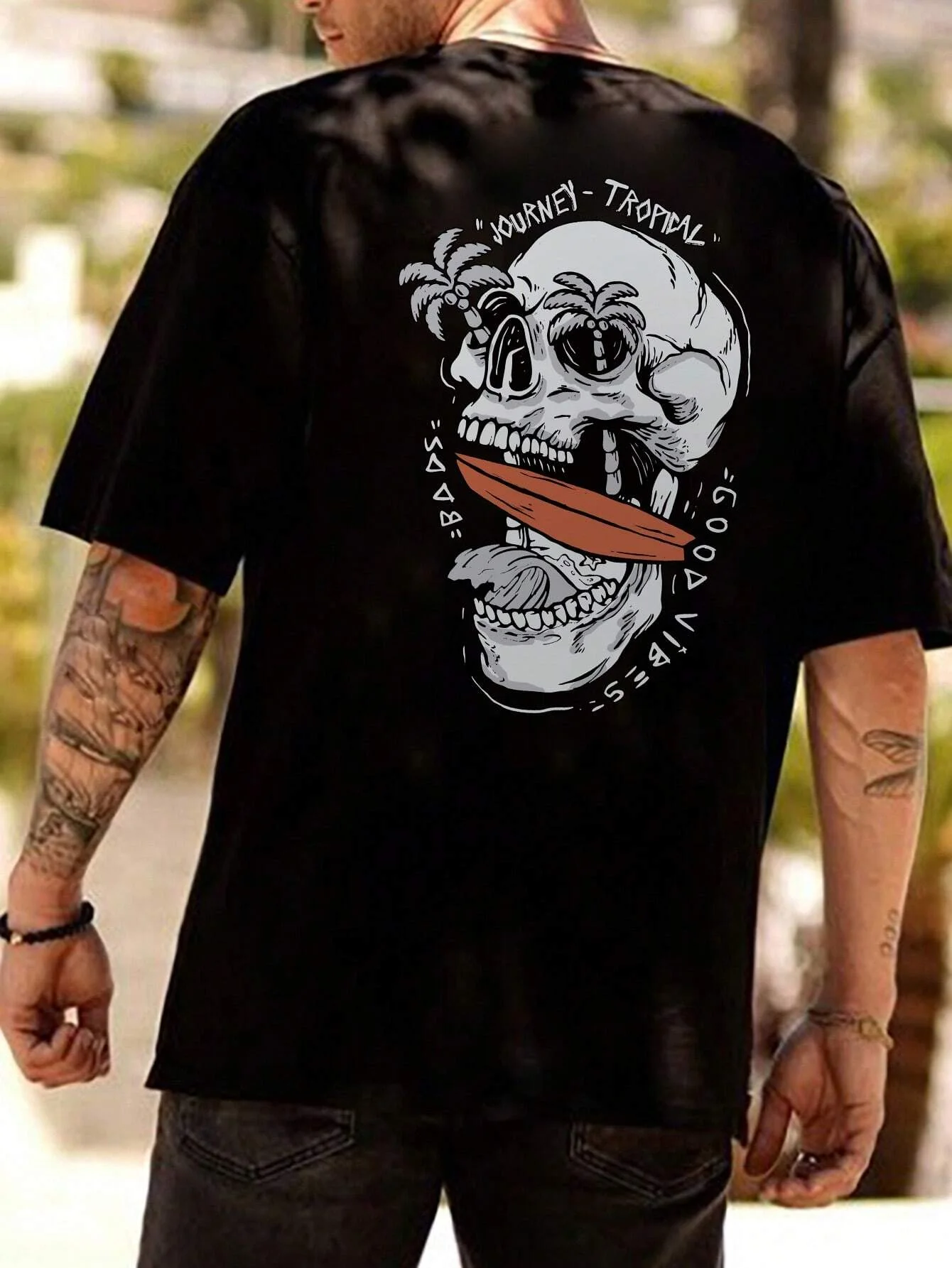 Summer men's 100% pure cotton casual loose plus size personalized skull pattern printed round neck short sleeved T-shirt top