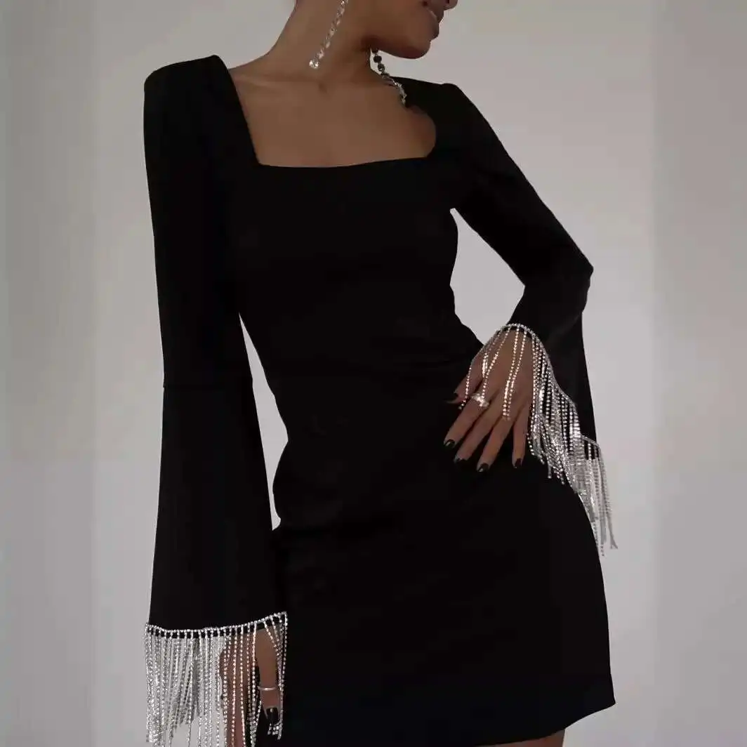 

2025 New Tassel Fashion Back Hollow Flared Sleeve Mid Length Black Dress New in 2025 Summer Dress Robe Vestido Women Party