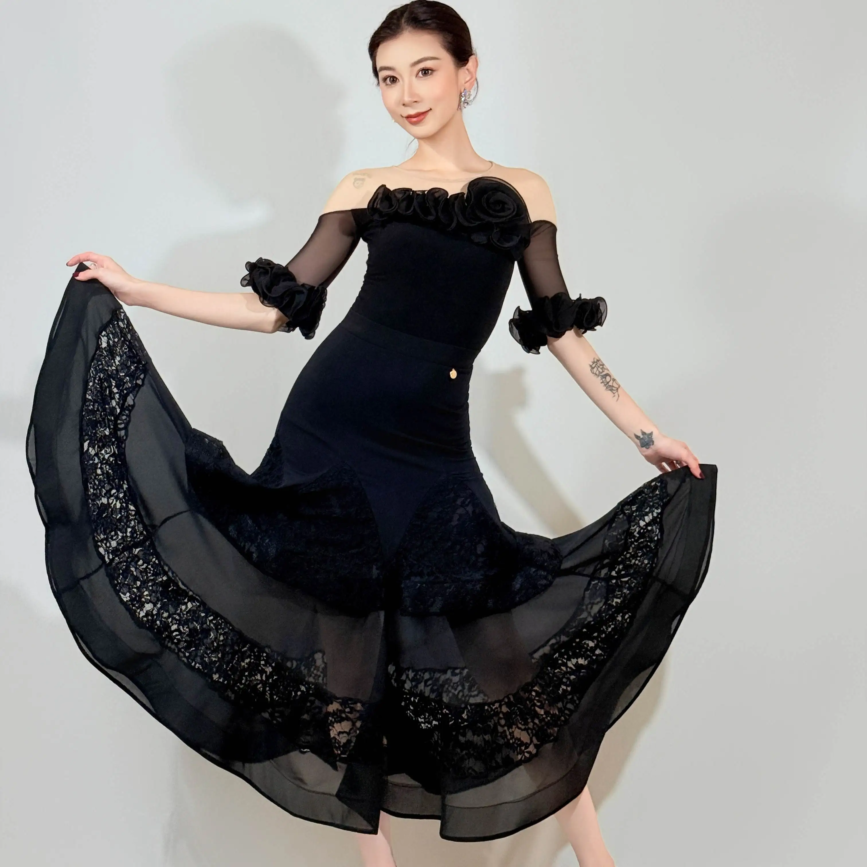 2025 norme nationale danse moderne danse demi manches maille dentelle haut valse pratique vêtements danse latine vêtements femmes DN21309