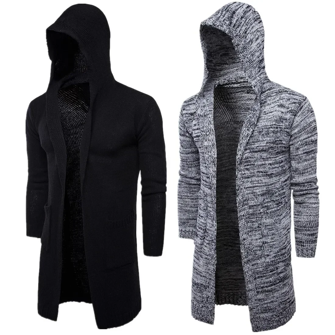 Mens Fashion Hooded Knitted Cardigan Black Outerwear Thick Long Sleeve Male Oversized Sweater Casual Winter Warm Long Knitwear