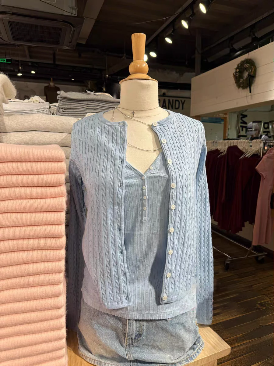 Lichtblauw Leuke Twist Bloem Trui Vest Vrouwen O-hals Single Breasted Katoenen Crop Top Zoete Effen Slanke Jas Met Lange Mouwen Nieuw