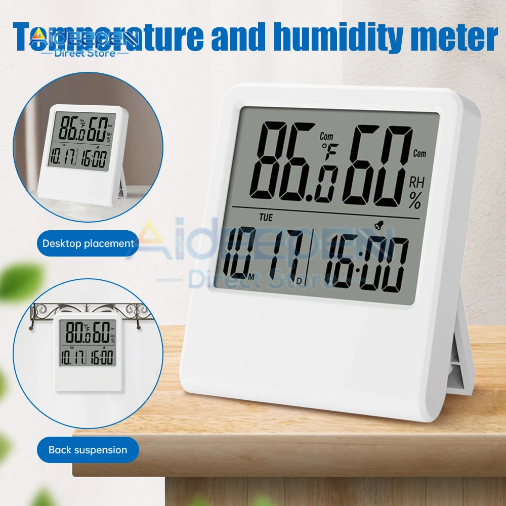 LCD Electronic Digital Temperature Humidity Meter Monitor Indoor Outdoor Thermometer Weather Station Time Date Alarm Clock