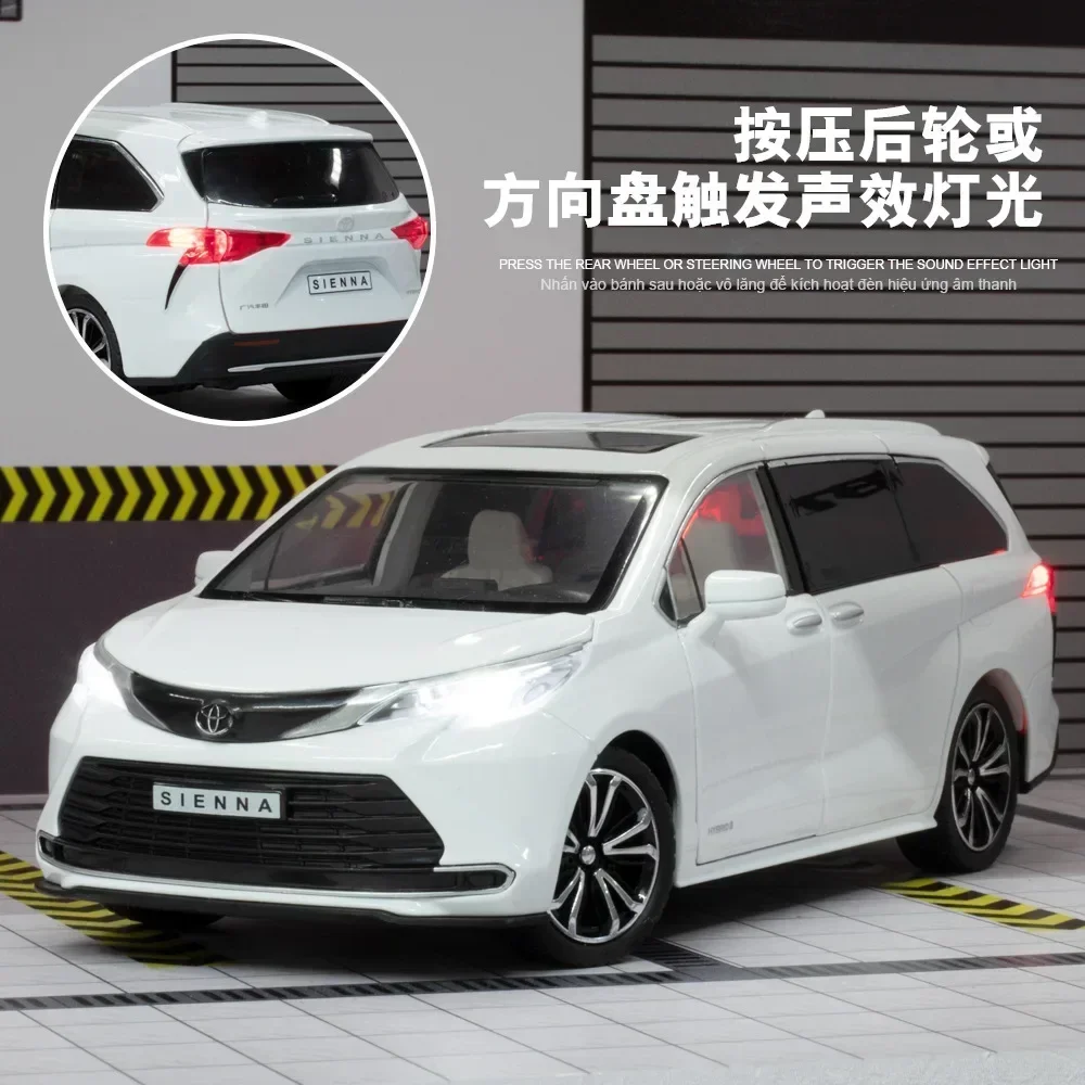 1:24 Toyota Sienna MPV modelo de coche de juguete fundido a presión miniatura tirar hacia atrás puertas con sonido y luz colección que se puede abrir regalo para niños