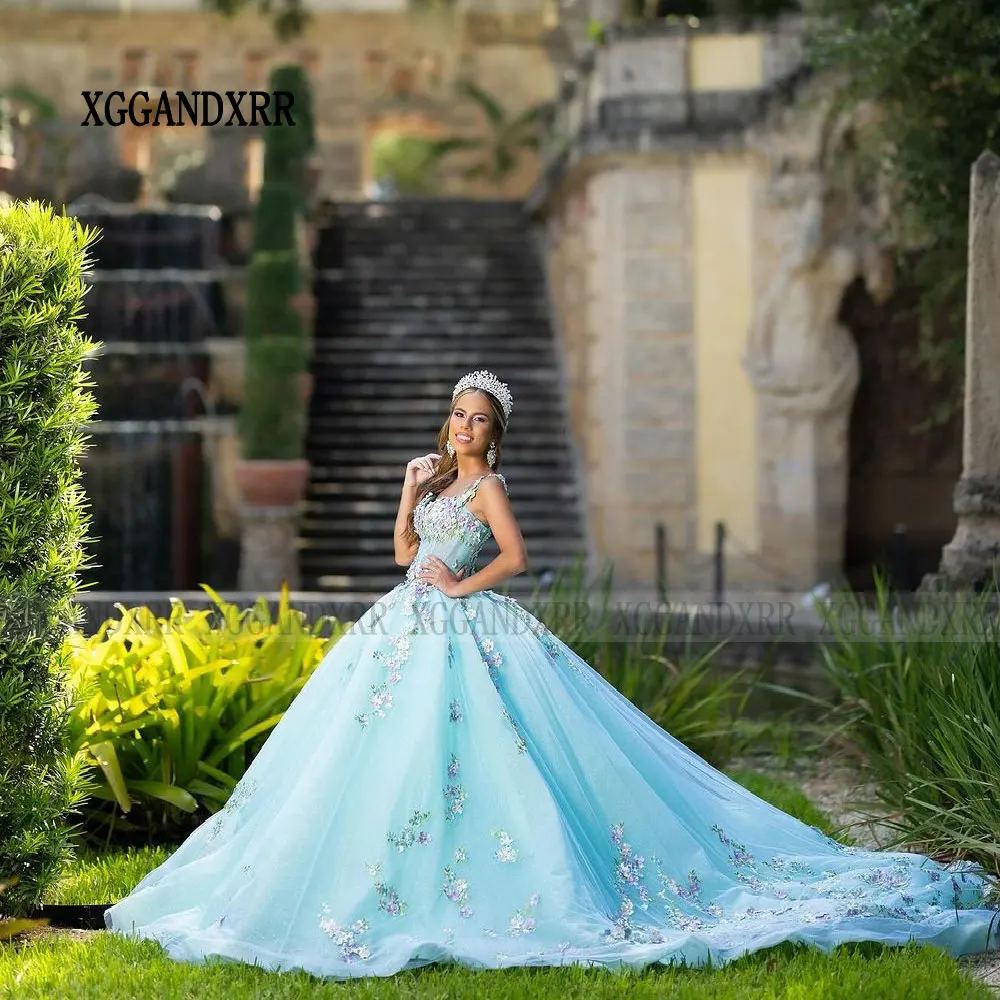 Elegante princesa doce vestido de baile, Flores 3D, Vestidos Quinceanera azuis, 16 vestidos senhorados, 15 anos, Primavera, 2022