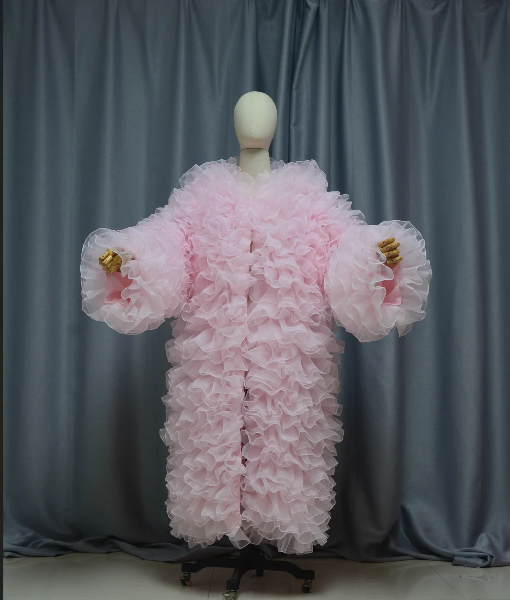 

Fluffy organza long sleeved jacket wedding cape pink short coat ball party beauty pageant jacket custom color