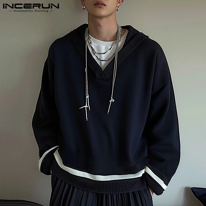 Stripe Splicing Commuting Harajuku Tops Pullovers 2024 Casual Long Sleeve Hoodies INCERUN Men Causal Loose Hooded Sweatshirts