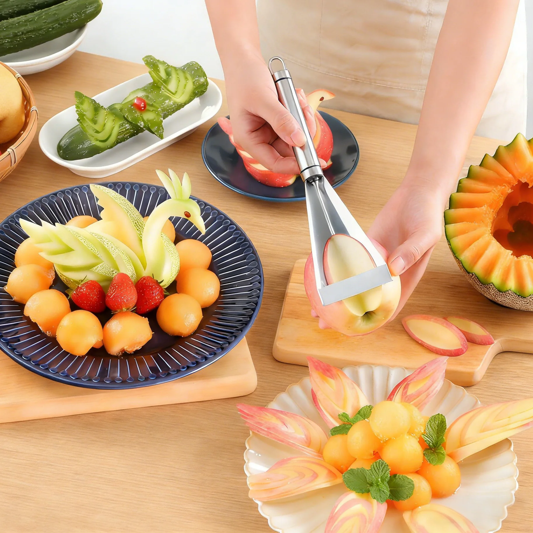 1PCS Triangle Fruit Push Cutter Stainless Steel Carving Knife for Fruit Veggie Slicing Peeling Home Kitchen Gadget