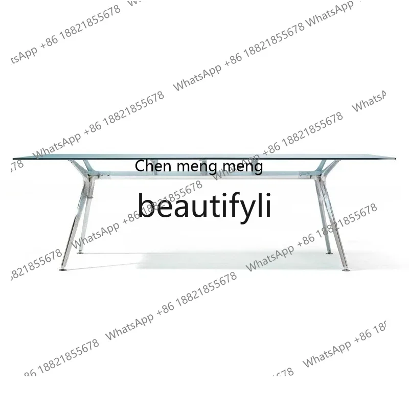 S7486 ss Modern Chrome-Plated Bright Silver Glass Table Minimalist Dining Room Long Tea Table