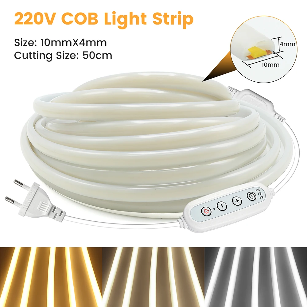 Dimmable COB Neon Flex Strip Light 3000K 4000K 6000K 220V 4 Key Dimmer Switch Kit 288LED/m for Living Room Cornice Home Lighting