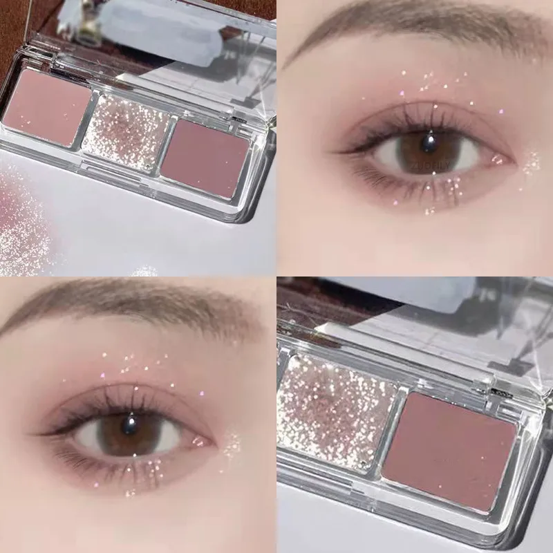 Paleta de sombras de ojos con lentejuelas nacaradas, tres colores, mate, rosa, rosa, gris oscuro, verde, brillo, pigmento de larga duración, cosméticos