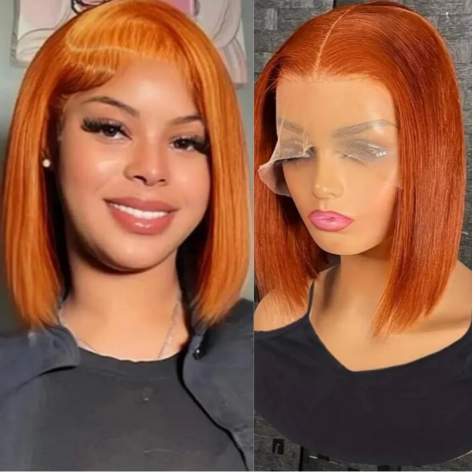 Pelucas Bob de jengibre naranja, cabello humano corto sin pegamento, peluca Bob de color marrón, pelucas de cabello humano Frontal de encaje 13x4 para mujeres, densidad 180