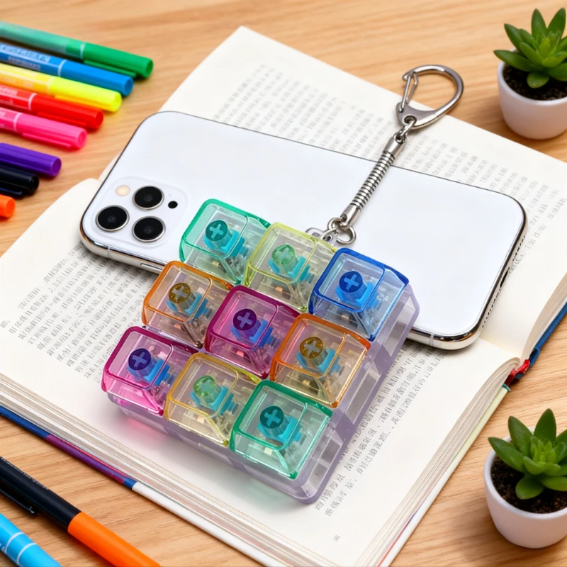 Llavero Antiestrés con Teclado, 4/9 Teclas, Eje Mecánico, Luz LED, Clicker de Cristal para Alivio del Estrés, Terapia Sensorial, Ejercicio para Dedos