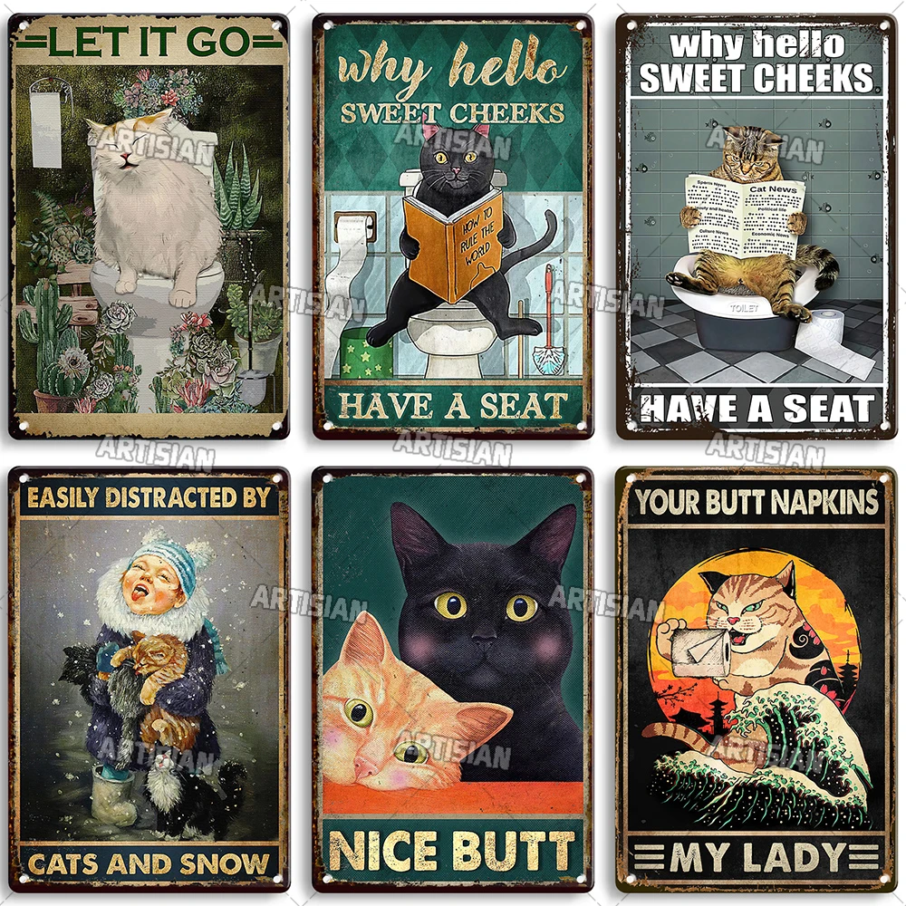 Artisian Your Butt Napkins Funny Cat Metal Poster Bathroom Toilet Tin Plaque Washing Room Decorative Plate Wall Decor Garage Bar