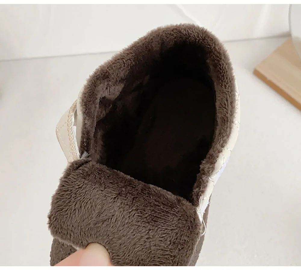 Chaussures d'hiver en coton pour bébés, en cuir PU, épaisses et chaudes, en peluche, pour premiers pas, légères et antidérapantes