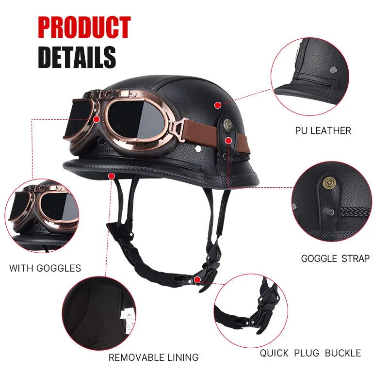 PU Leather Half Helmet Motorcycle Helmet 1/2 Chopper Motorbike Helmets Classic Casco Moto Vintage Kask Retro Men Women