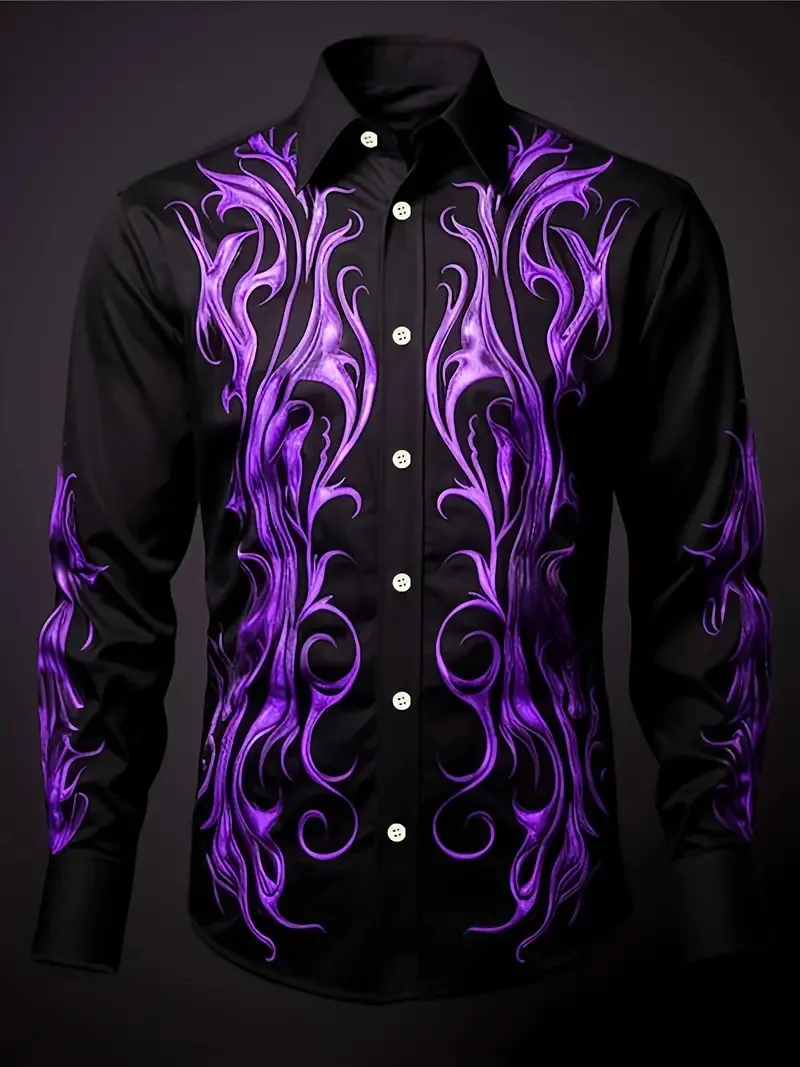 

2025 Fashionable 3D Printed Flame Printed Design Pattern Shirt Men's Flip Collar Button Casual Comfortable Long Sleeve Shirt