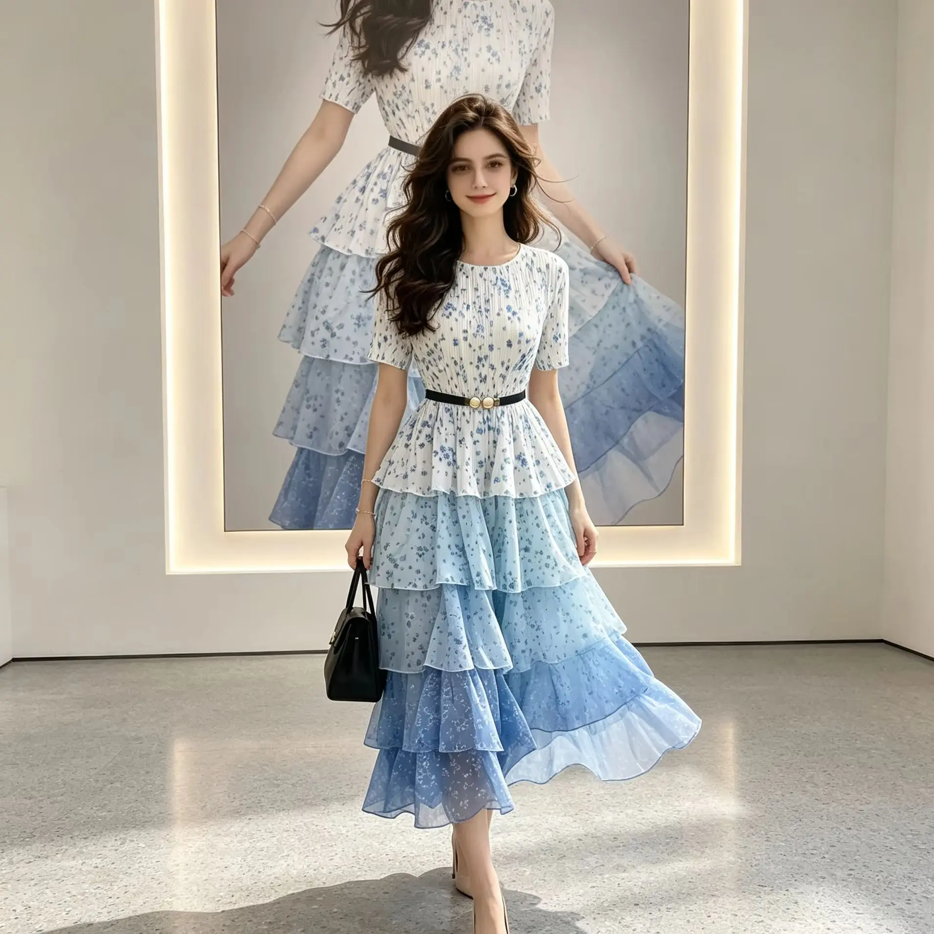 Miyake Pleats 2026 Light Luxury French Romantic Bohemian Bell Sleeve Summer Lace Patchwork Beach Travel Outfit Vacation Style
