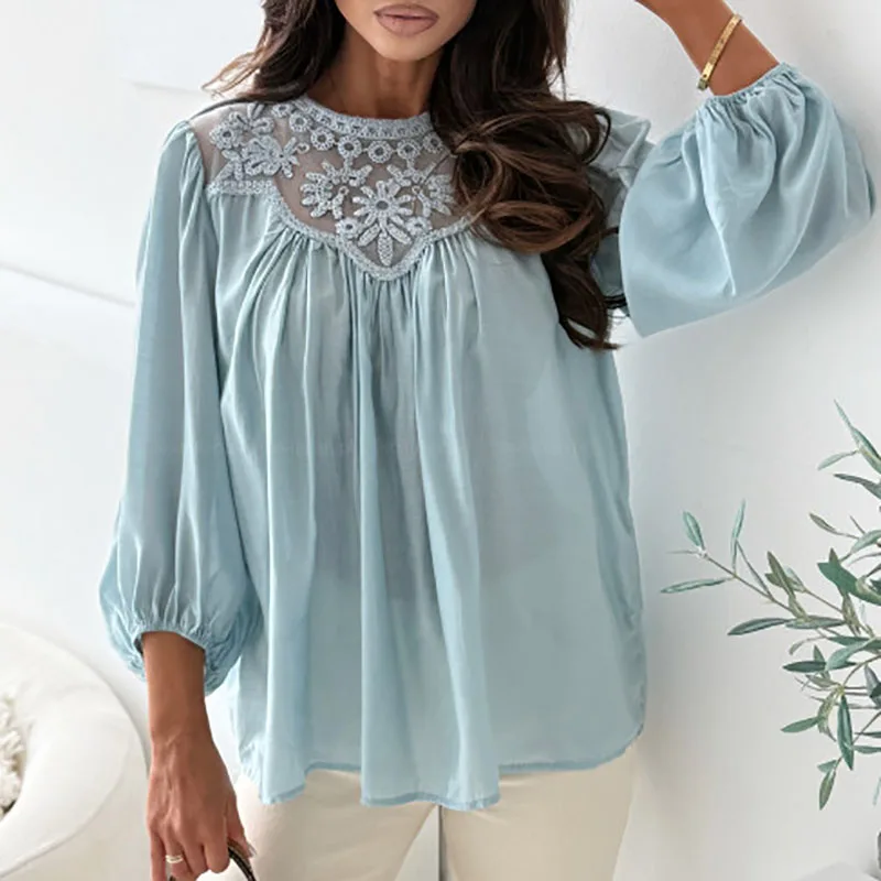 

Повседневная женская блузка из сетки с кружевом, однотонная, модная, жаккардовая, с длинными рукавами-фонариками, весенняя новинка, свободная футболка с круглым вырезом для офиса