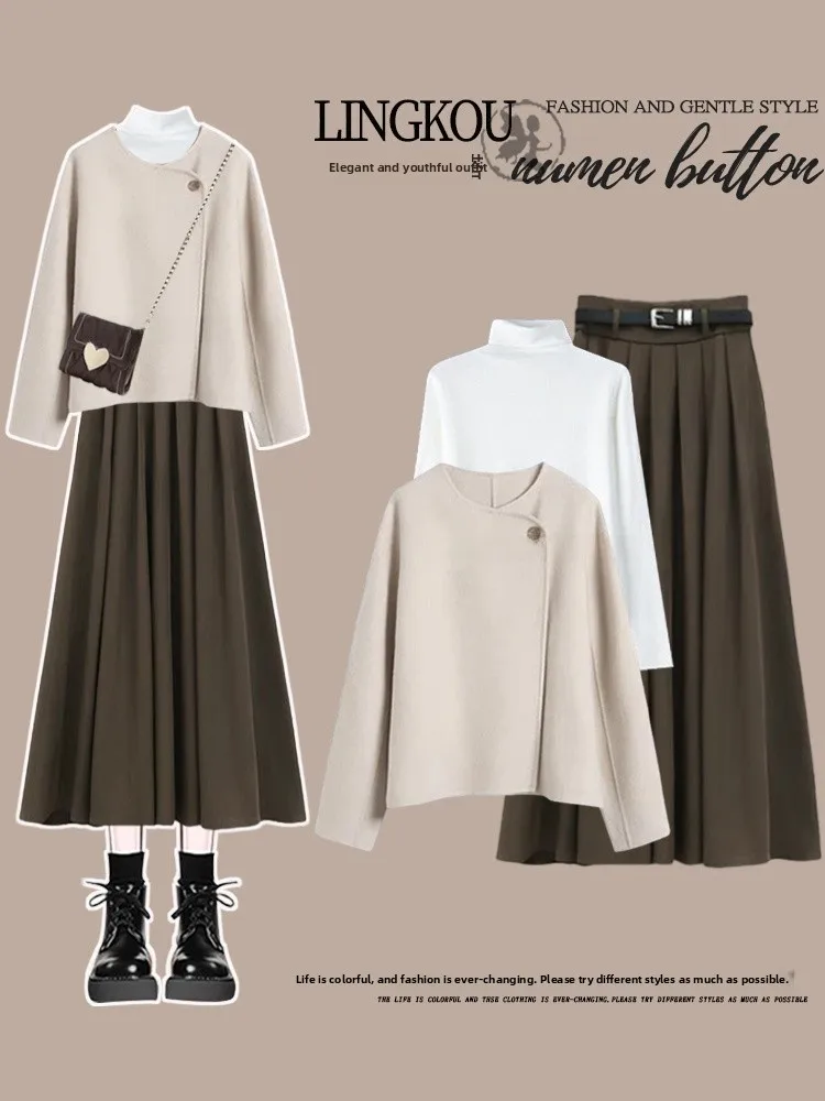 

Korean Style plus Size Autumn Set Women's Elegant High-End Feeling Jacket Base Shirt Match Retro Slimming Skirt Three-Piece Set