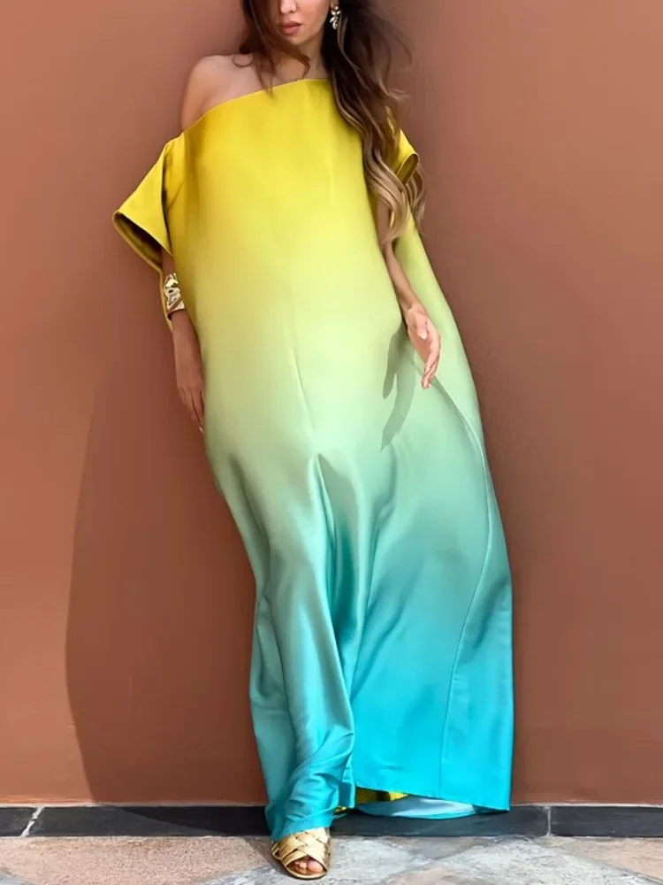 UOOZEE 2025 New Fashion Gradient Color Vacation Maxi Dress For Women Loose Short Sleeves One-Shoulder Elegant Party Prom Dress