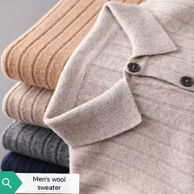 Winter New Men's Pure Wool Sweater Loose POLO Collar Vertical Pattern Thickened Sweater Casual Business High end CashmereSweater