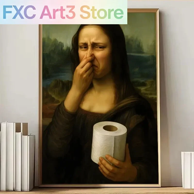Frameless 1Pc  Mona Lisa Funny Toilet Canvas Print Poster Vintage Abstract Art Figure Painting Wash Room Toilet Hallway Wall Art