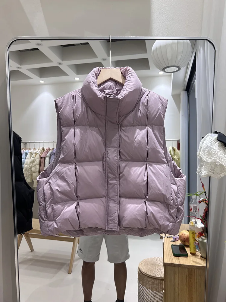 2025 herbst winter neue daunenjacke frauen kurze stehkragen weste mode-design lose beiläufige weiße ente daunenjacke