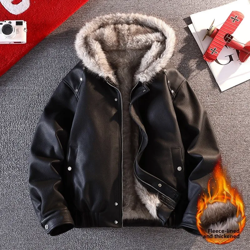 

Новая мужская мотоциклетная куртка из искусственной кожи 2025 года, с подкладкой, капюшоном, ветрозащитная, удлиненная, стандартного кроя