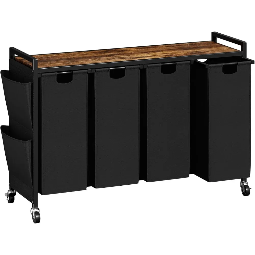

4-compartment laundry hamper with lid,rolling laundry basket organizer with wheels, iron-made laundry sorter with top shelf and