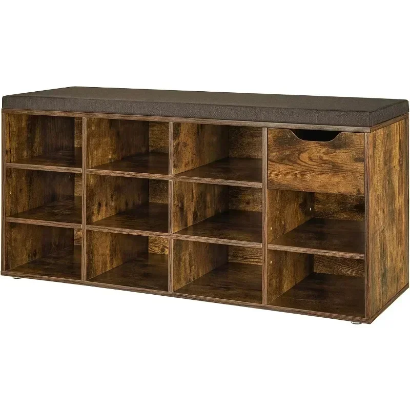 LShoe Bench, Entryway Storage Bench With Drawer And 11 Cubbies, Cubby Shoe Rack With Adjustable Shelves, Shoe Organizer Cabinet