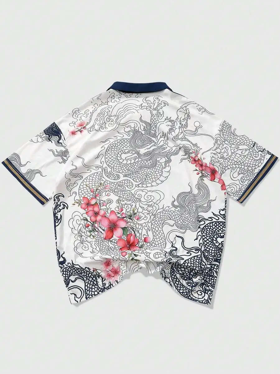 Men's White Dragon & Floral Print Polo Shirt, Casual Streetwear Style