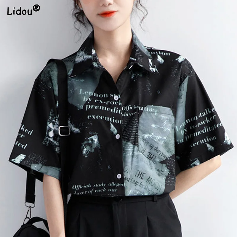 

Turn-down Collar Short Sleeve Blouses Geometric Fashion Women's Clothing 2023 Casual Straight Button Handsome Spring Summer Thin