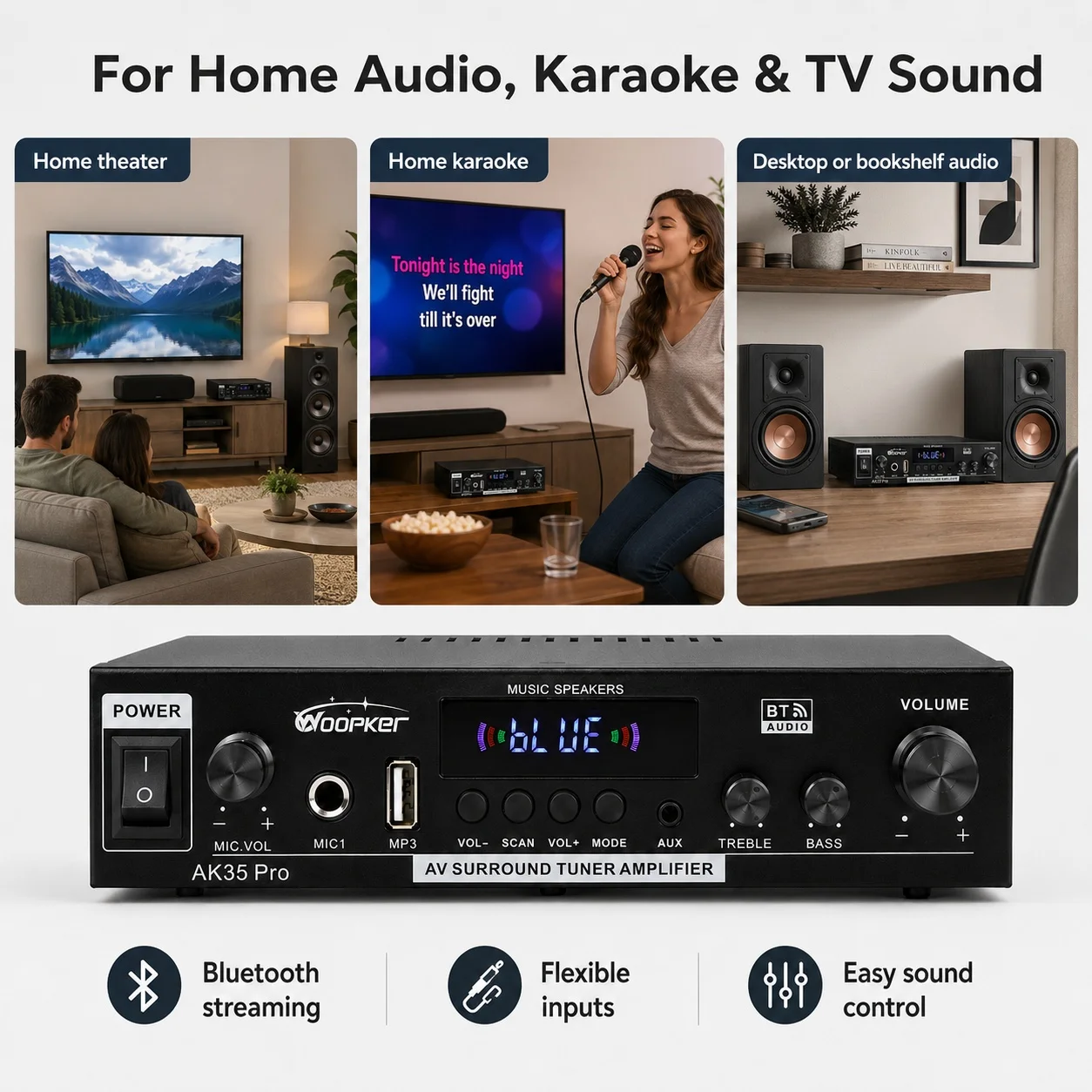 Woopker Audio-Verstärker AK35 Pro 2.0-Kanal 40W+40W Bluetooth HiFi-Leistungsverstärker Karaoke-Musikplayer unterstützt Bass-Surround. – Detail 8