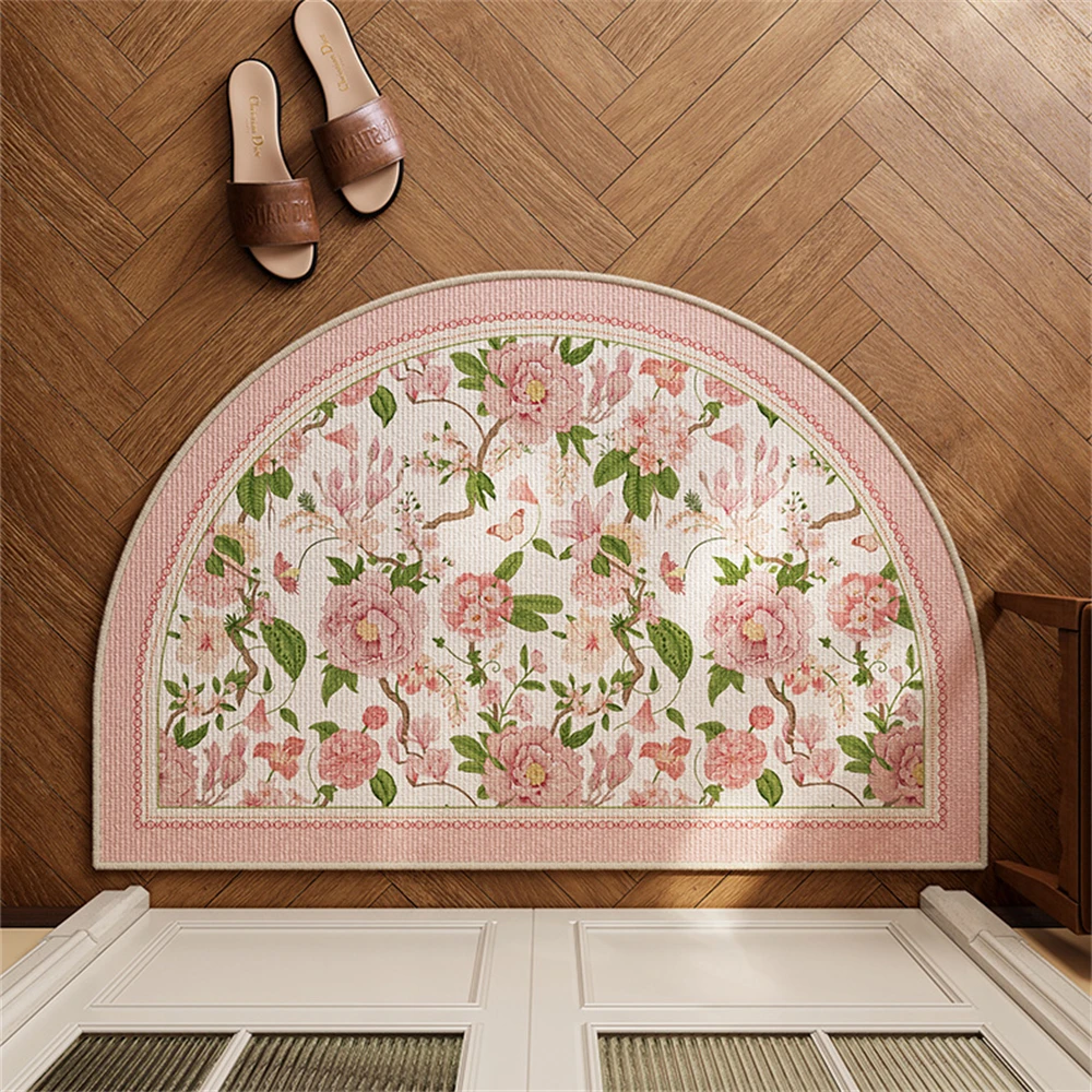 Anti-Stain Wear-Resistant Room Door Mat Waterproof Non-slip Pink Flower Printed Semi-round Mat Customizable Pastoral Style