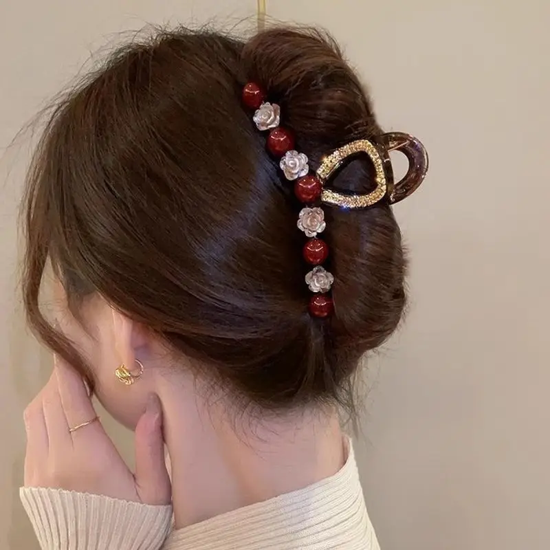 1 Stück Rosenrote Perlen-Haarspange für Damen, Herbst- und Wintermode, Haarklammer für die Hinterseite des Kopfes, Haaraccessoire – Detail 3