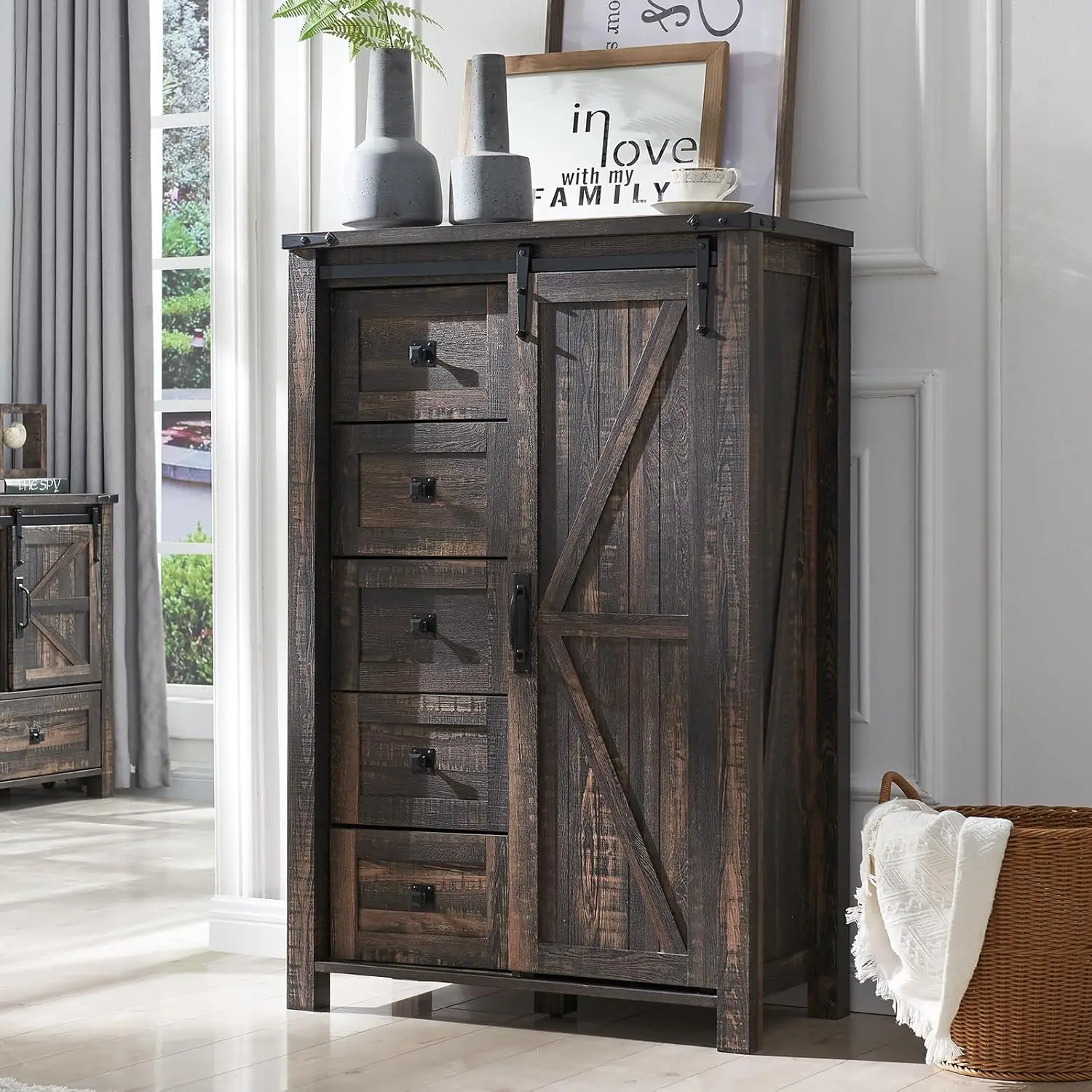 T4TREAM 5 Drawers Dresser for Bedroom w/Sliding Barn Door, Farmhouse Modern Tall Dresser 5 Chest of Drawers, Storage