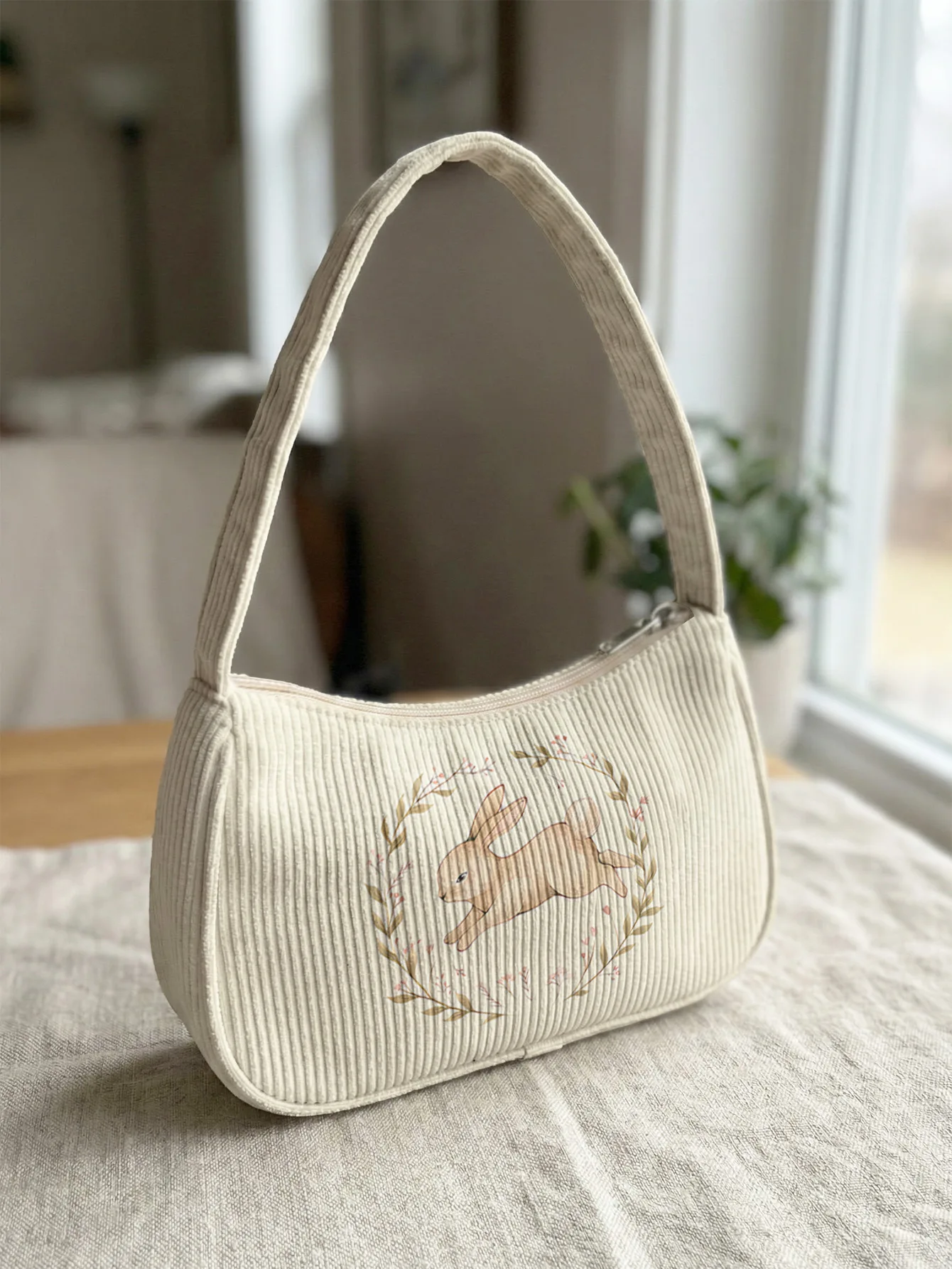 Trendy Wreath Bunny Print Shoulder Bag, Corduroy Underarm Bag for Daily Casual Use