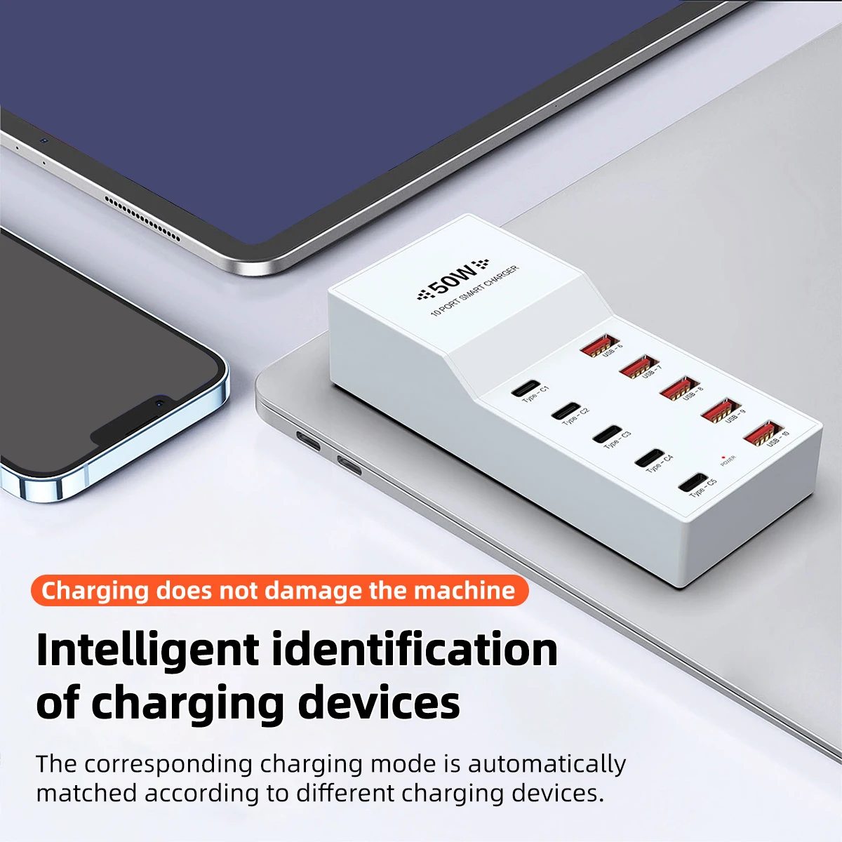 White 50W 5-Ports USB-A+PD QC 3.0 5-Prots Fast Charger Station For Android Apple mobile phone and Other USB Devices - náhled 2