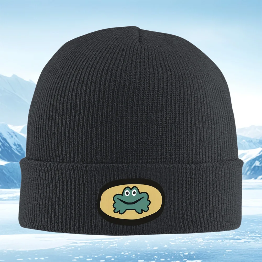 Rana sonriente dentro de forma ovalada amarilla Hombres Mujeres Gorro de punto unisex Gorro Jersey Gorro Invierno Térmico Cálido Navidad Al aire libre Cyc
